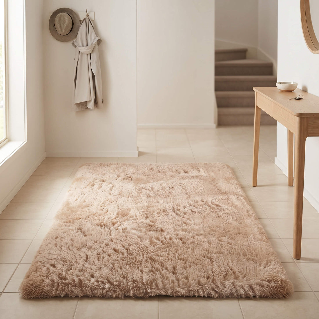 Soft polyester pile of the shaggy carpet in an entryway