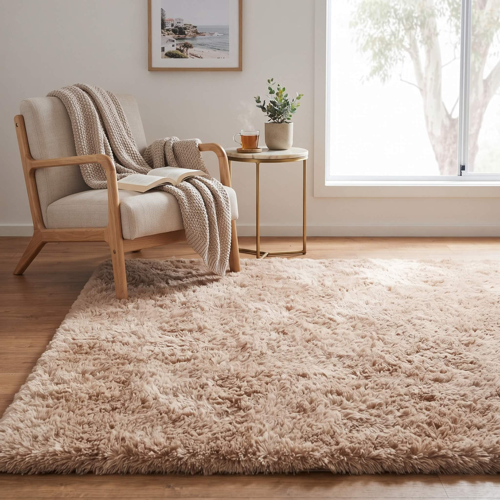 Shaggy area carpet beside a reading chair