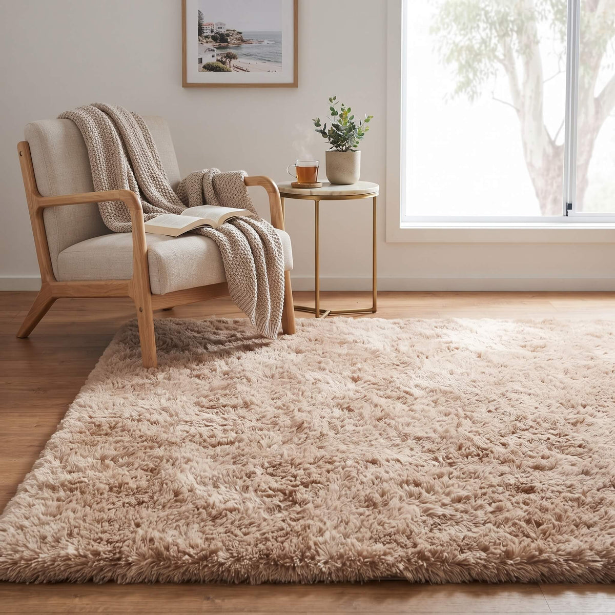 Shaggy area carpet beside a reading chair