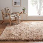 Shaggy area carpet beside a reading chair