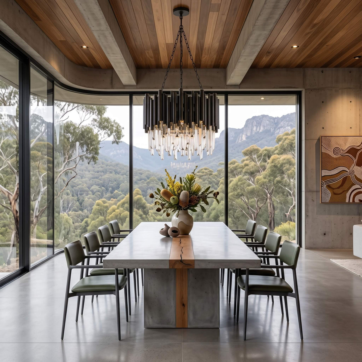 95cm Obsidian crystal chandelier shown at scale in a modern home