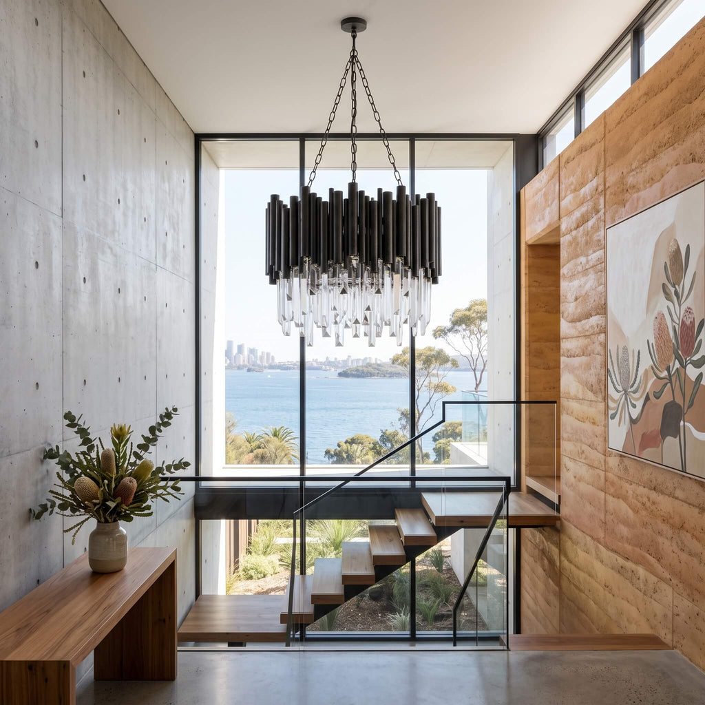 Black crystal chandelier hanging close to the ceiling