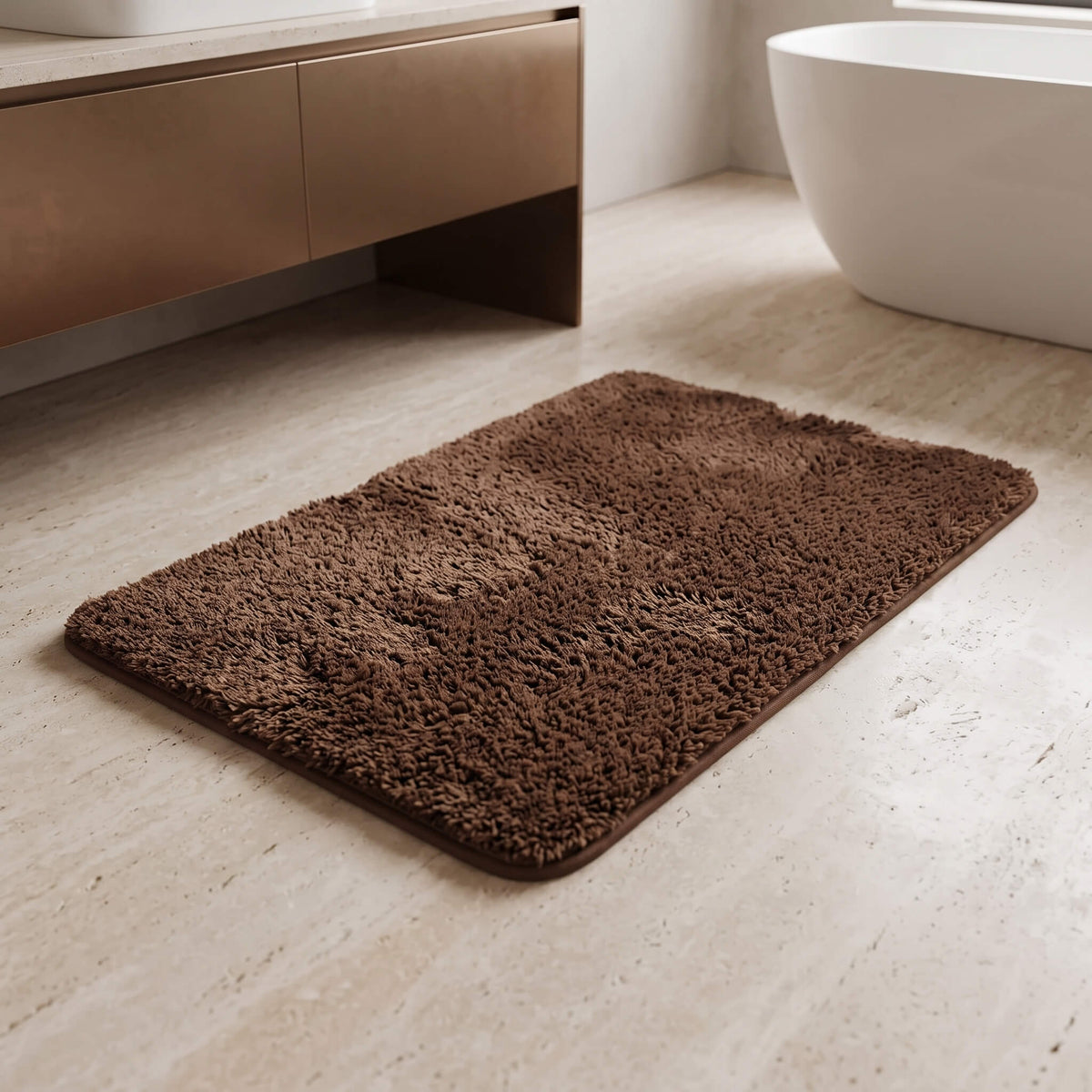Chocolate brown plush bath rug on a tiled floor