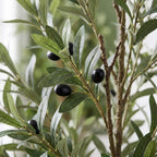 Artificial olive branch with green leaves and glossy black olives on a white background.