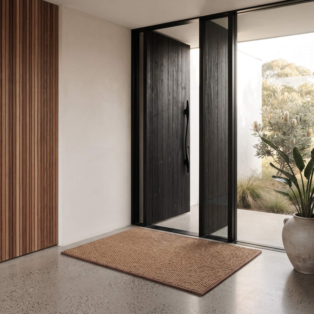 Coir welcome mat in an entryway