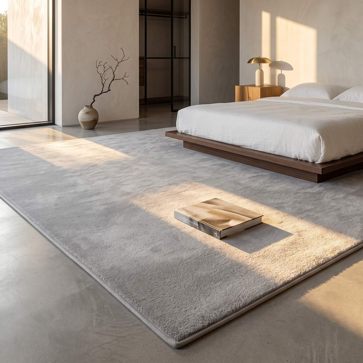 Light grey coral fleece low pile rug in a bedroom