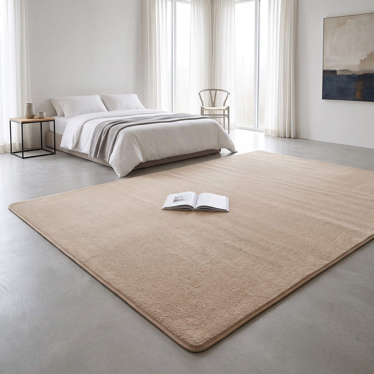 Soft coral fleece surface of the low pile rug in a bedroom