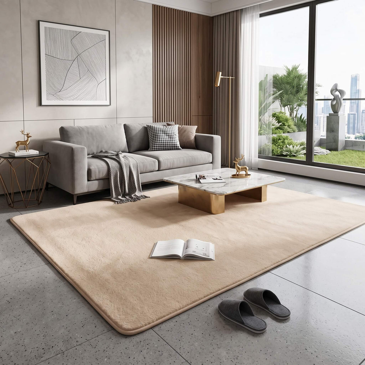 Beige coral fleece low pile rug in a living room