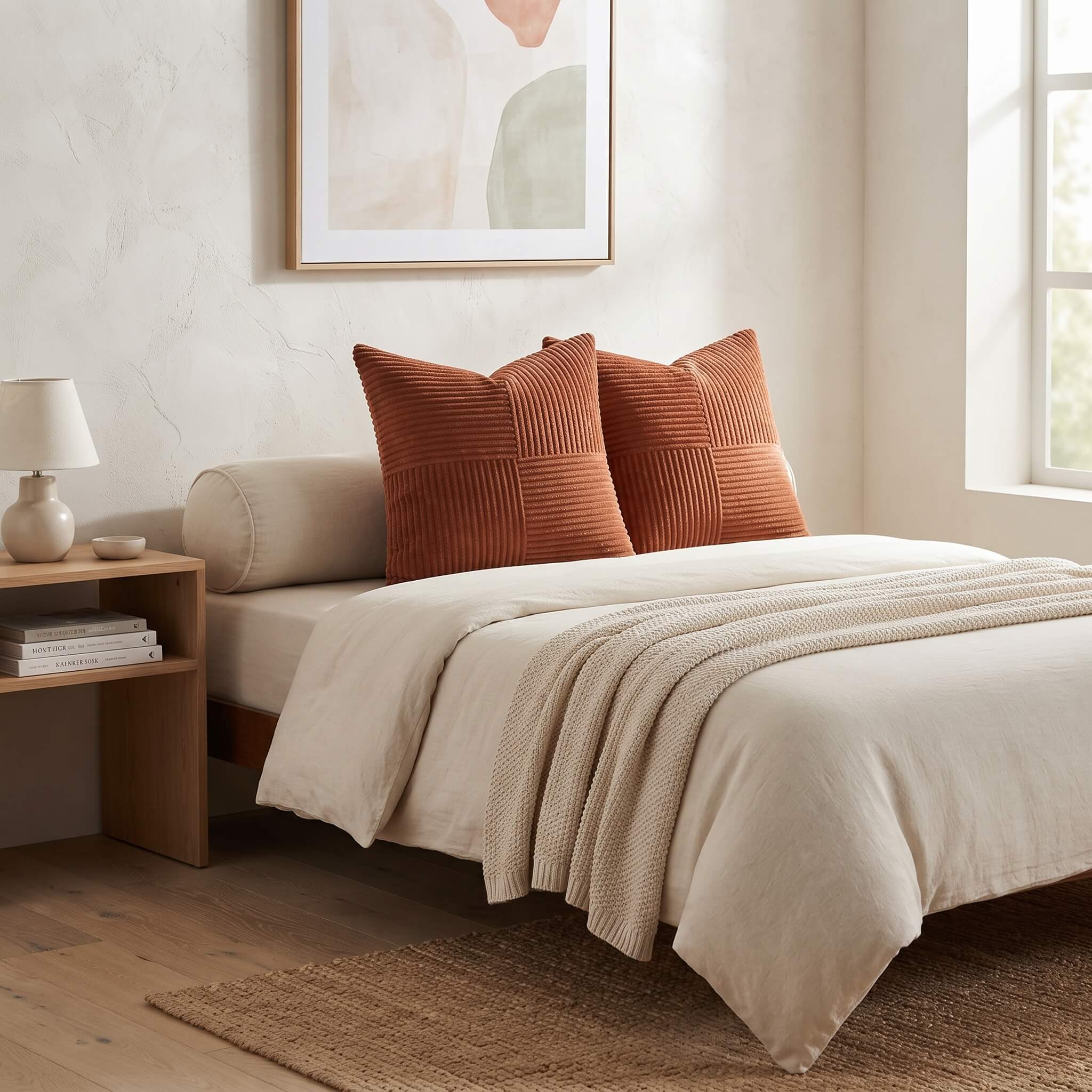 A neatly made bed in a softly lit bedroom, styled with a cream bedding set, two rust-orange ribbed throw pillows, a cream knit blanket, a wooden side table with a lamp, and a framed abstract print on the wall.