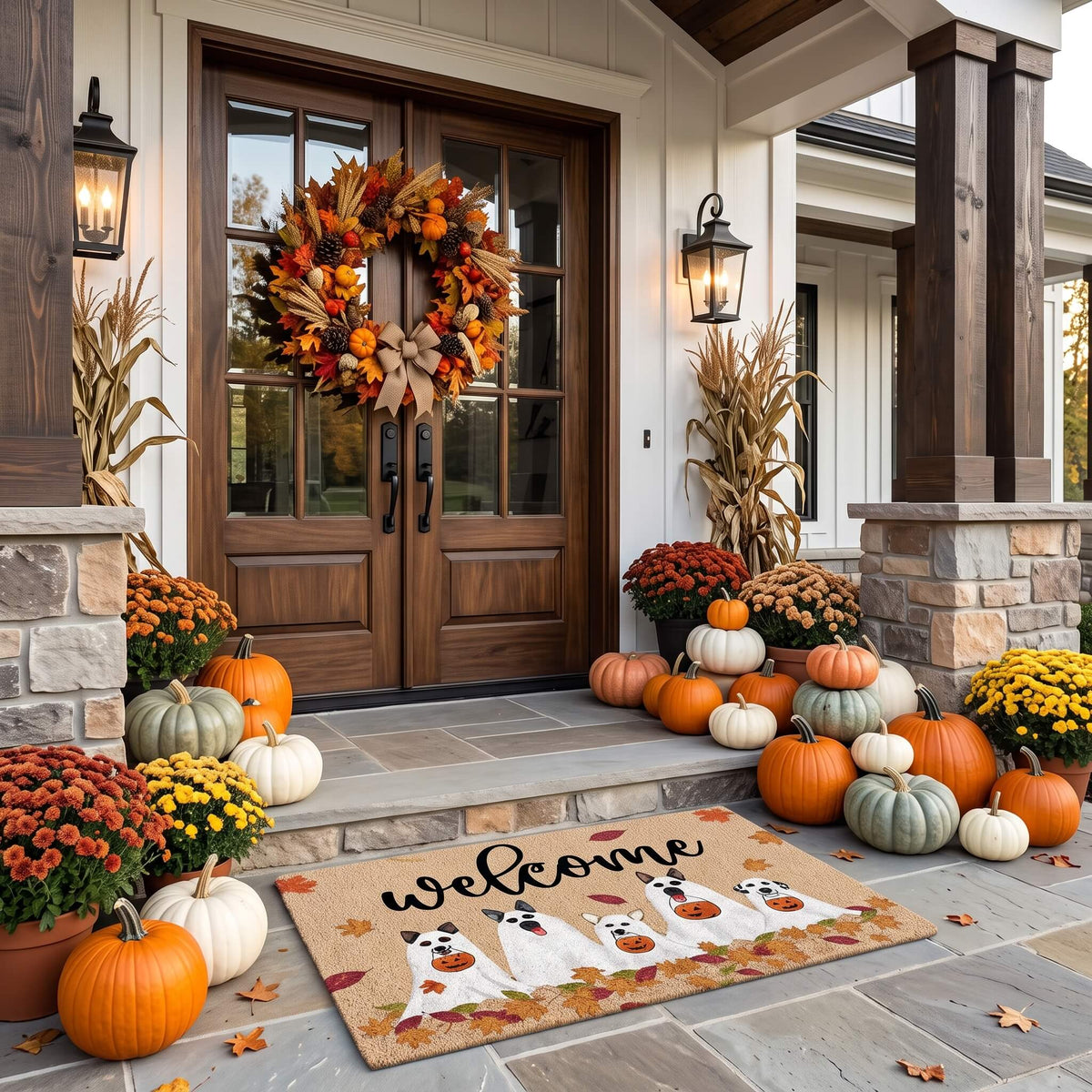 Welcome Ghosts doormat at a timber double door with autumn pumpkins