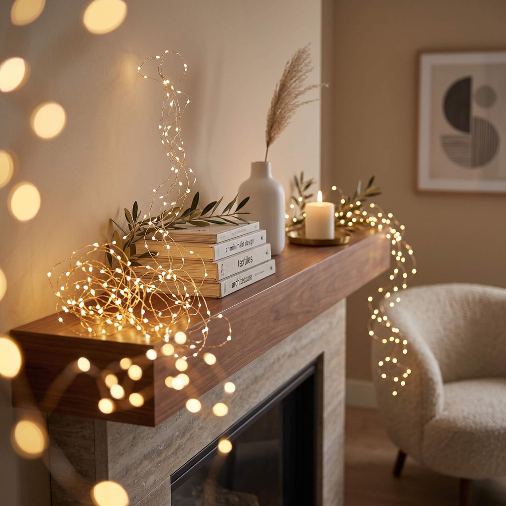 Warm white string fairy lights draped over a wooden mantel in a cozy living room setting, styled with books, a white vase, a dried grass stem, and a lit candle.