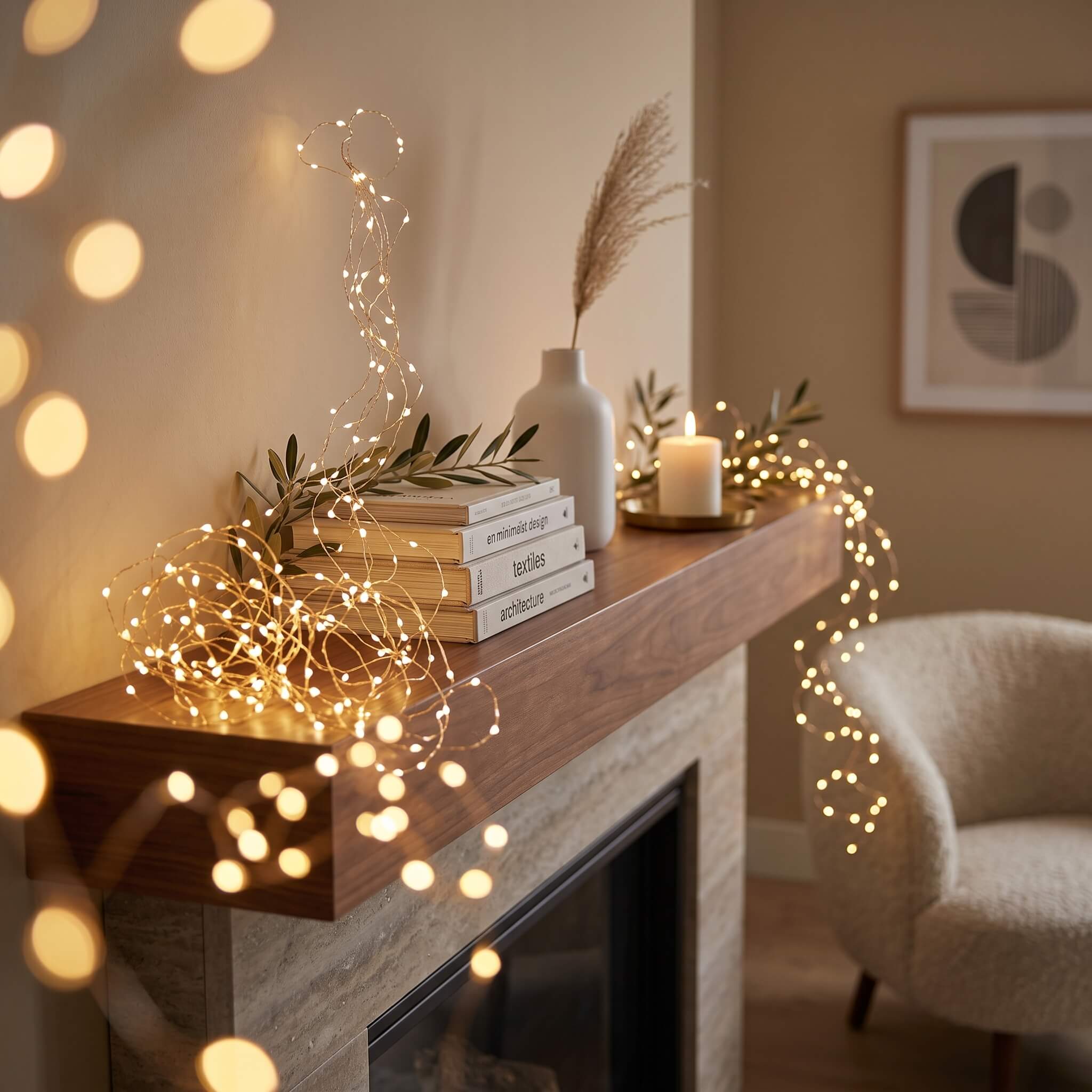Warm white string fairy lights draped over a wooden mantel in a cozy living room setting, styled with books, a white vase, a dried grass stem, and a lit candle.