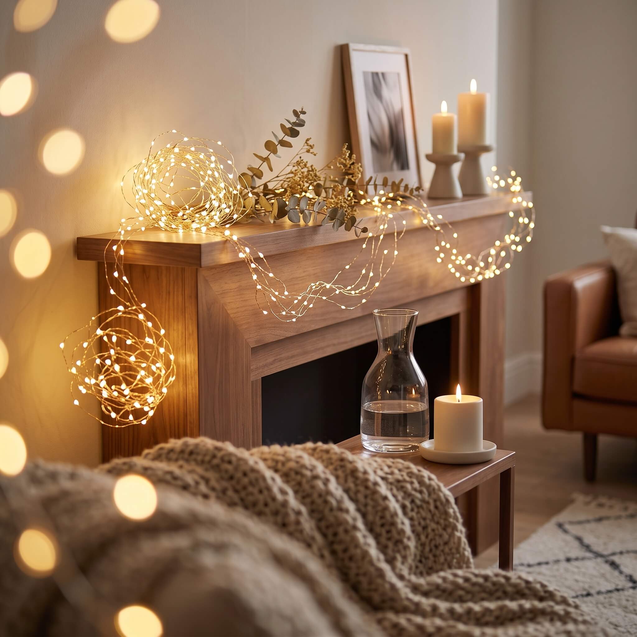 Warm white LED string lights draped around a wooden fireplace mantel in a cozy living room setting, with candles, a framed print, and a knitted blanket visible.