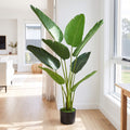 Faux bird of paradise floor plant 120cm in black pot with moss detail, styled in bright living room beside window