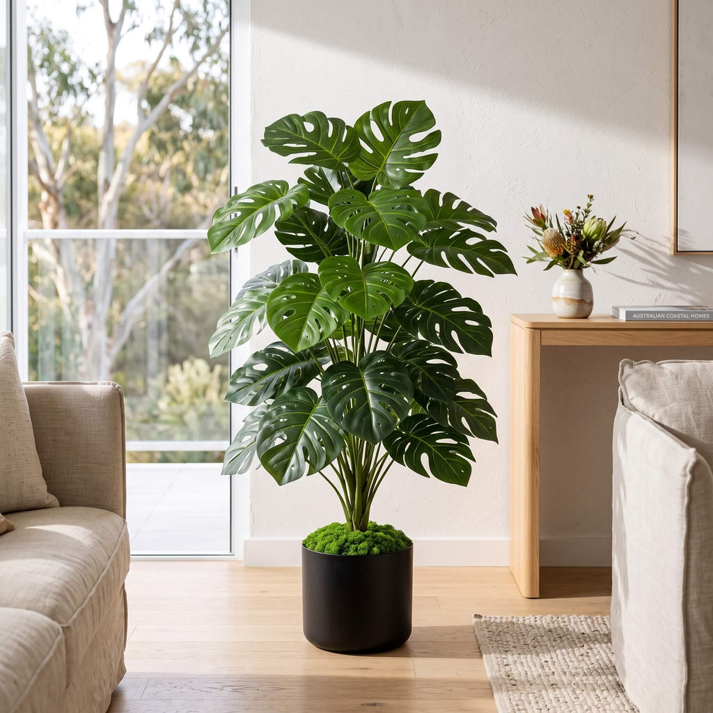 A large artificial monstera plant in a black cylindrical pot filled with green moss, placed in a bright living room next to a beige sofa and a wooden console table.