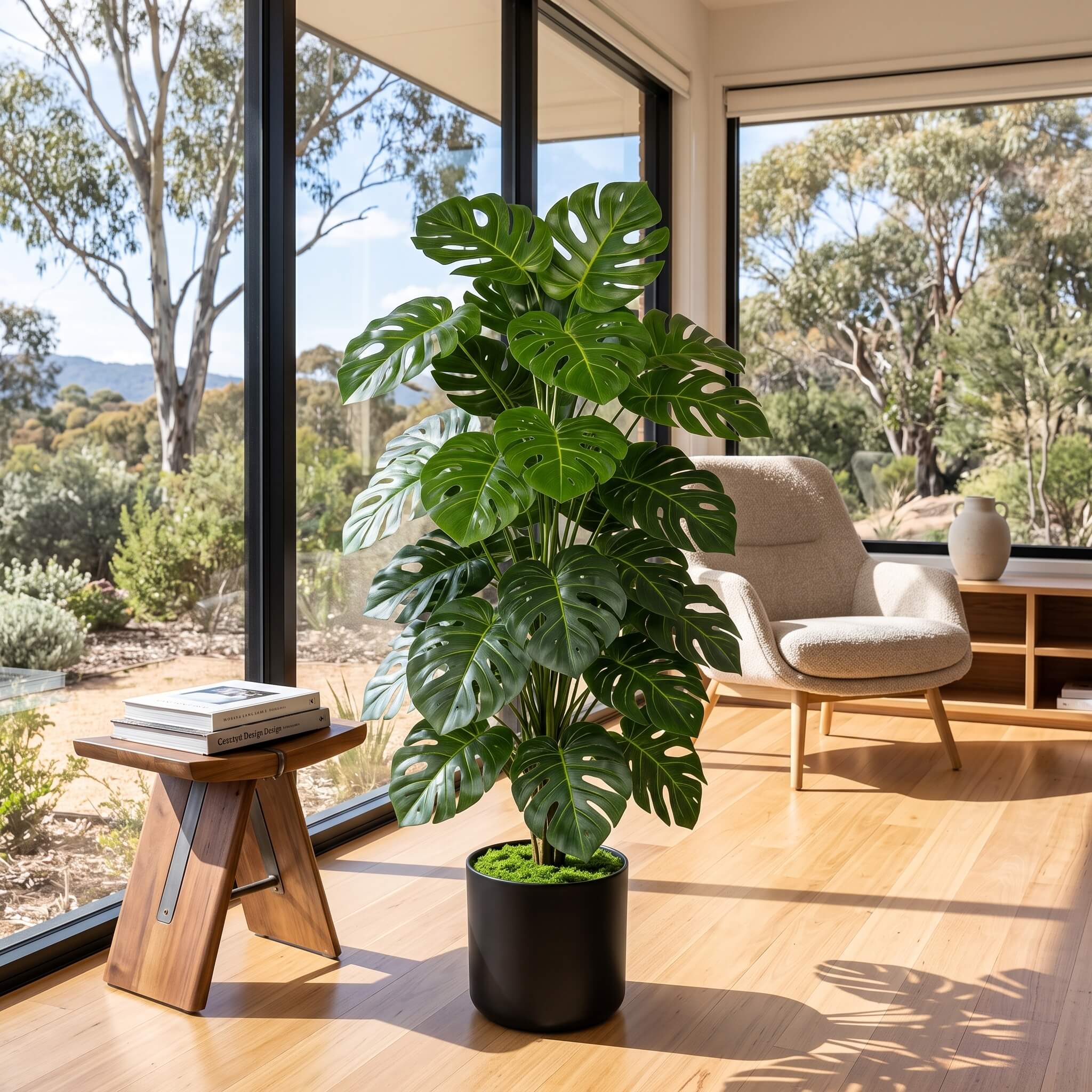 A large green monstera plant in a black pot placed on a wooden floor in a bright modern room with large windows, a beige armchair, and a small wooden side table.