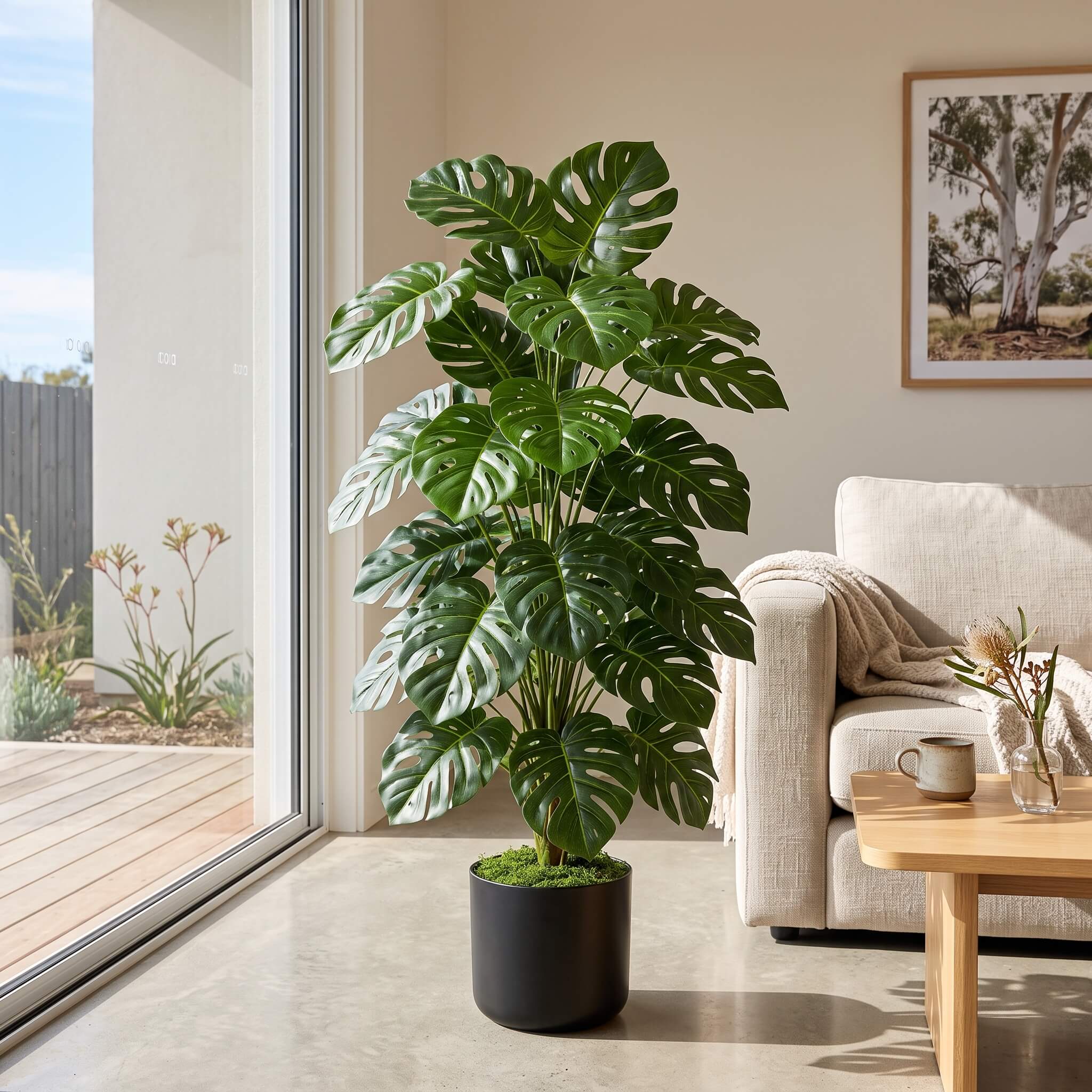 A large artificial Monstera plant in a black cylindrical pot, placed in a bright, modern living room next to a window and a beige sofa.