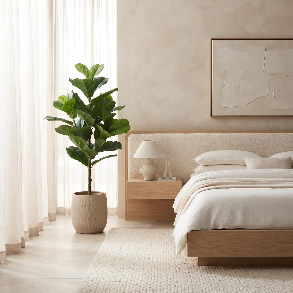 A large potted fiddle-leaf fig plant in a beige ceramic pot stands in a bright, modern bedroom next to a bed with white linens and a light wood headboard.
