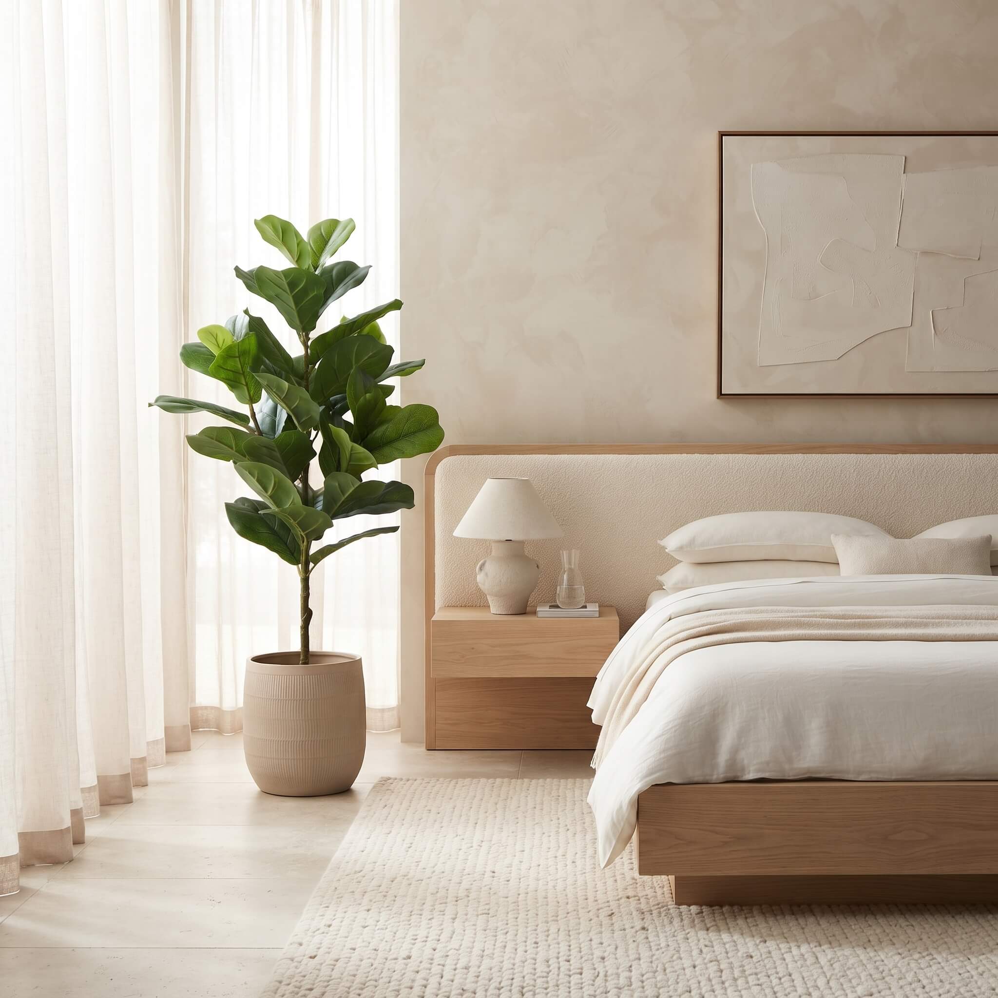 A large potted fiddle-leaf fig plant in a beige ceramic pot stands in a bright, modern bedroom next to a bed with white linens and a light wood headboard.