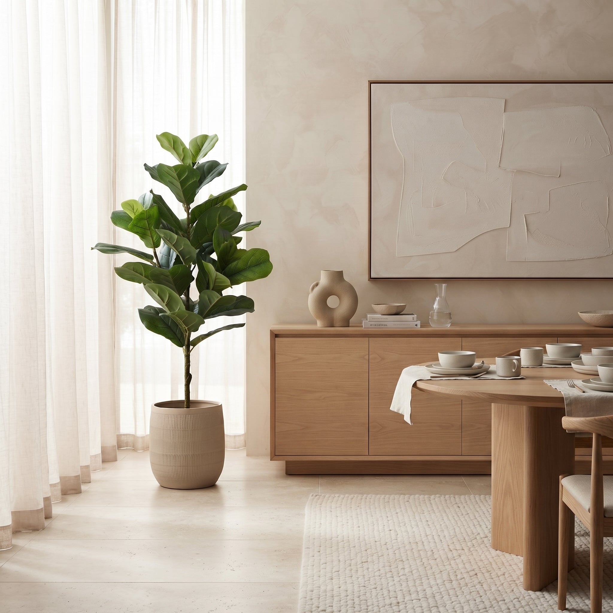A tall fiddle-leaf fig plant in a matte beige pot stands in a bright, modern dining room next to sheer white curtains. The room features a light wood credenza, a matching round dining table with white ceramic chairs, and a large abstract art print on the wall.