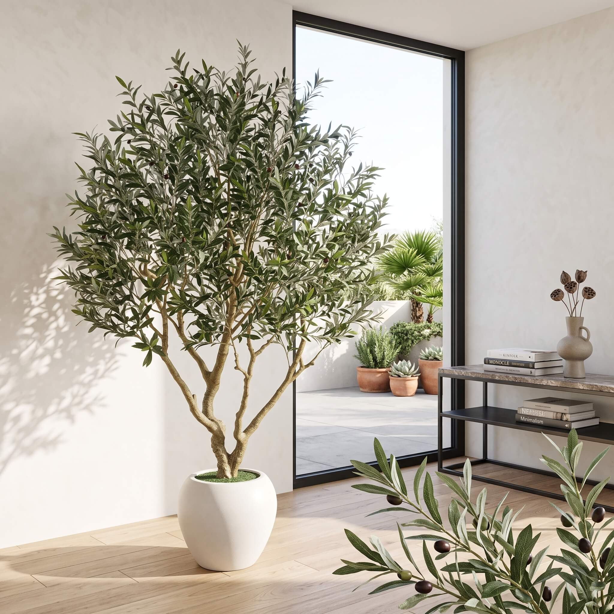 A large potted olive tree with dense green foliage and a light brown trunk, displayed indoors in a white round planter next to a black-framed glass door leading to a patio.