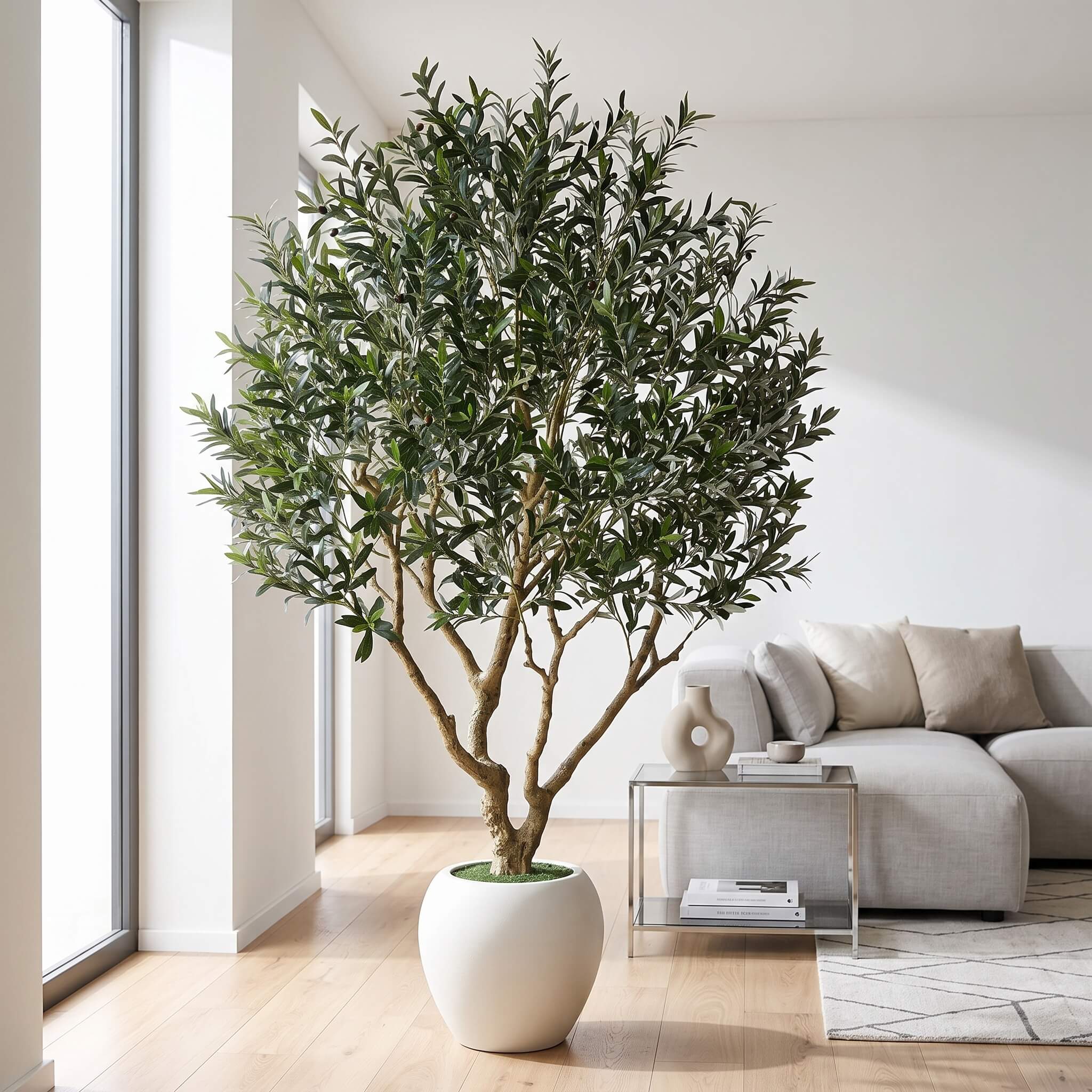 A large artificial olive tree with dense green foliage and brown branches, displayed in a white round ceramic pot inside a bright, modern living room with a light gray sofa and wooden floors.