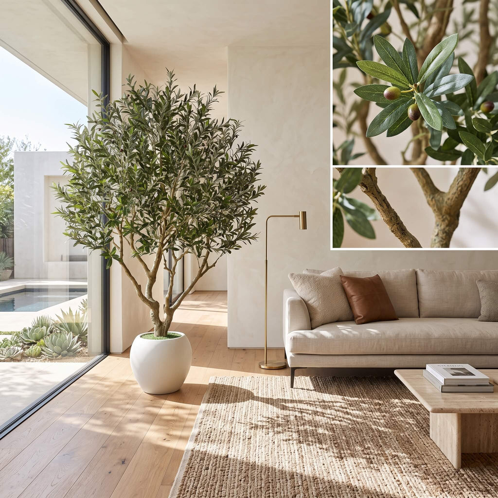 A large potted olive tree in a modern living room setting with a beige sofa, wooden floor, and woven rug, with two inset close-up images showing detailed leaves and branches of the olive tree.