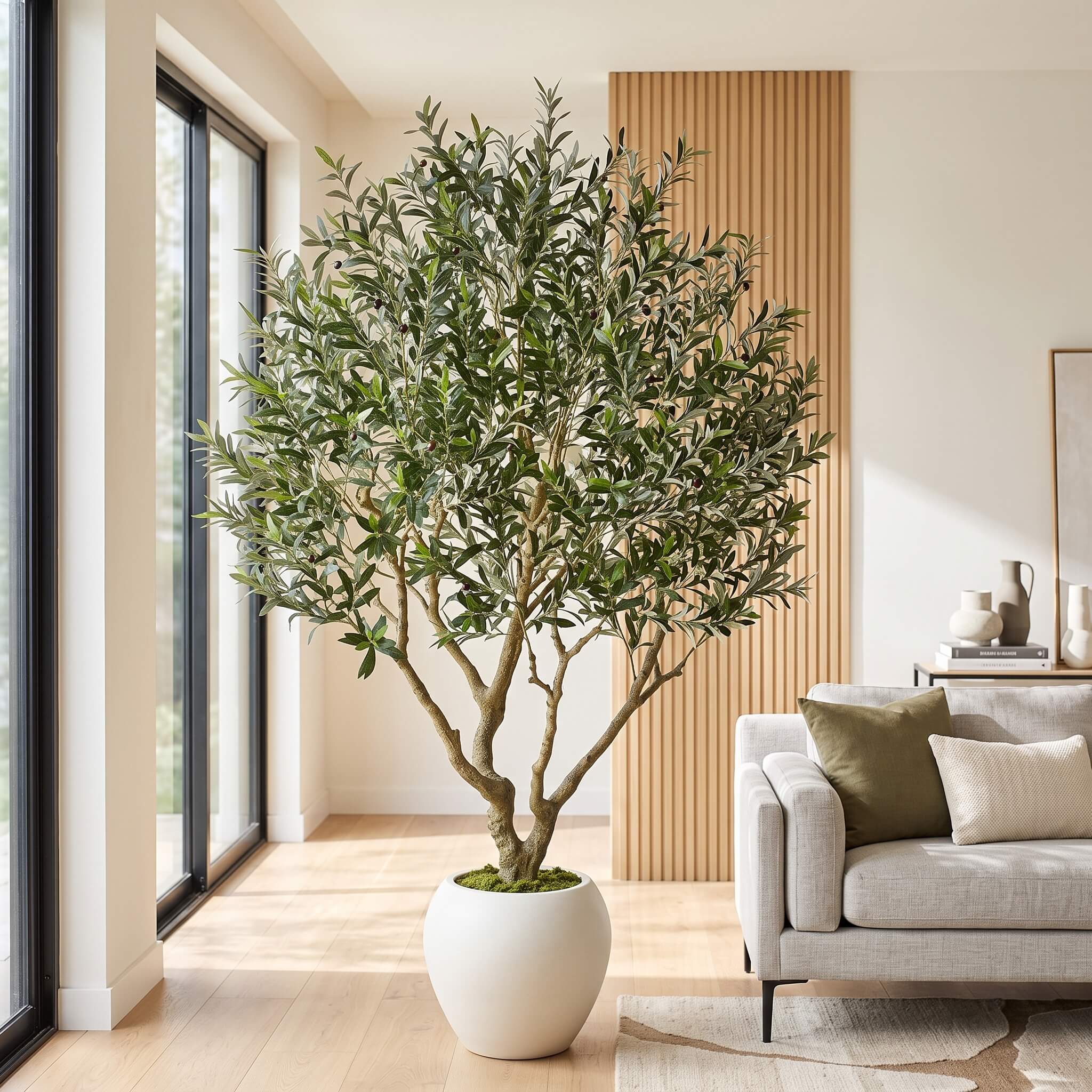 A large potted olive tree with dense green foliage and a light brown trunk, displayed in a modern living room next to a light gray sofa with olive and cream pillows.
