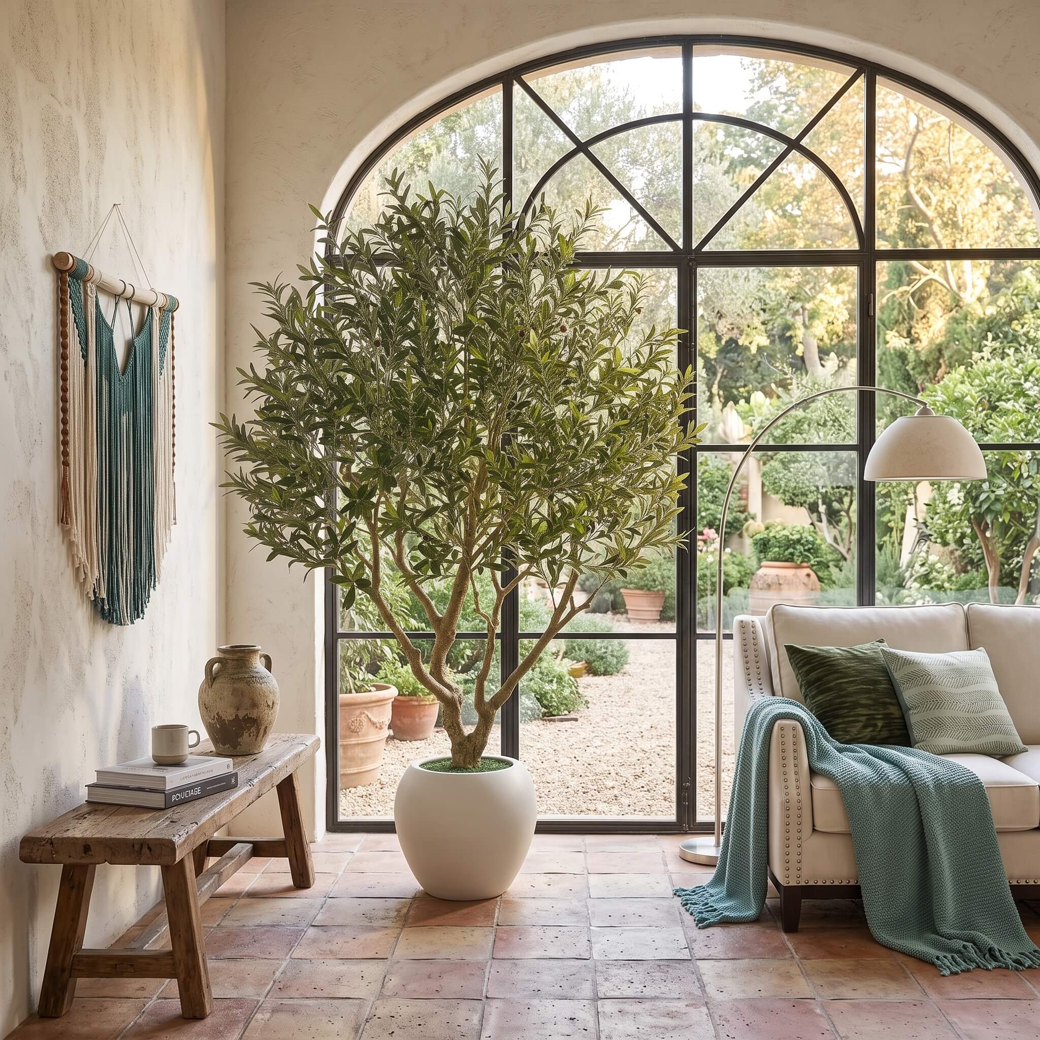 A large potted olive tree stands in a bright, rustic interior with terracotta tile floors, a white sofa with a teal throw, and a wooden bench against a stucco wall.