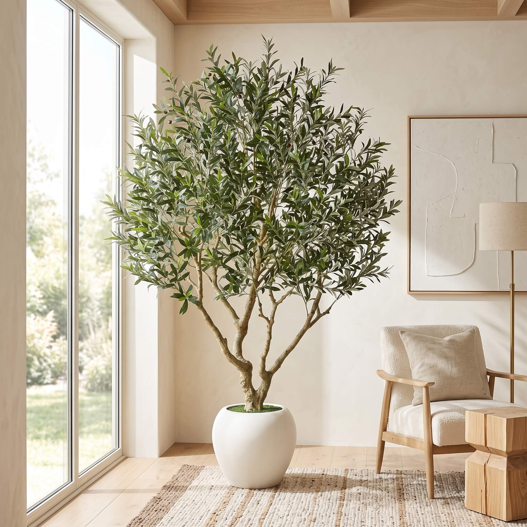 A tall artificial olive tree with green leaves and brown branches, potted in a white ceramic pot, placed in a bright, modern room next to a large window.