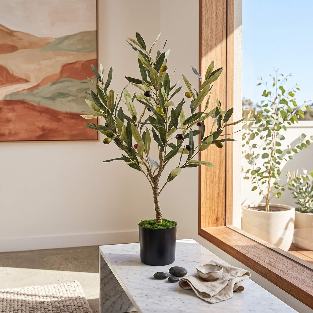 An artificial potted olive tree with green leaves and small dark olives, displayed on a marble side table in a bright, modern room next to a window.