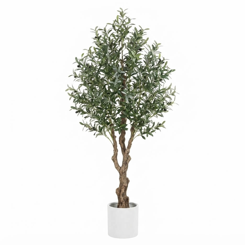 An artificial olive tree with green leaves and a brown trunk, potted in a white cylindrical planter, shown against a plain white background.