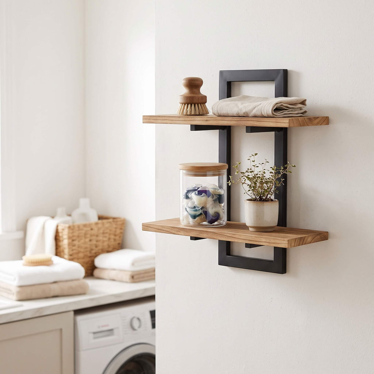 Two tier wall shelf mounted in a laundry