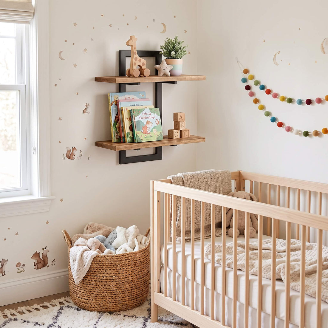 Two tier wall shelf with wood effect boards in a nursery