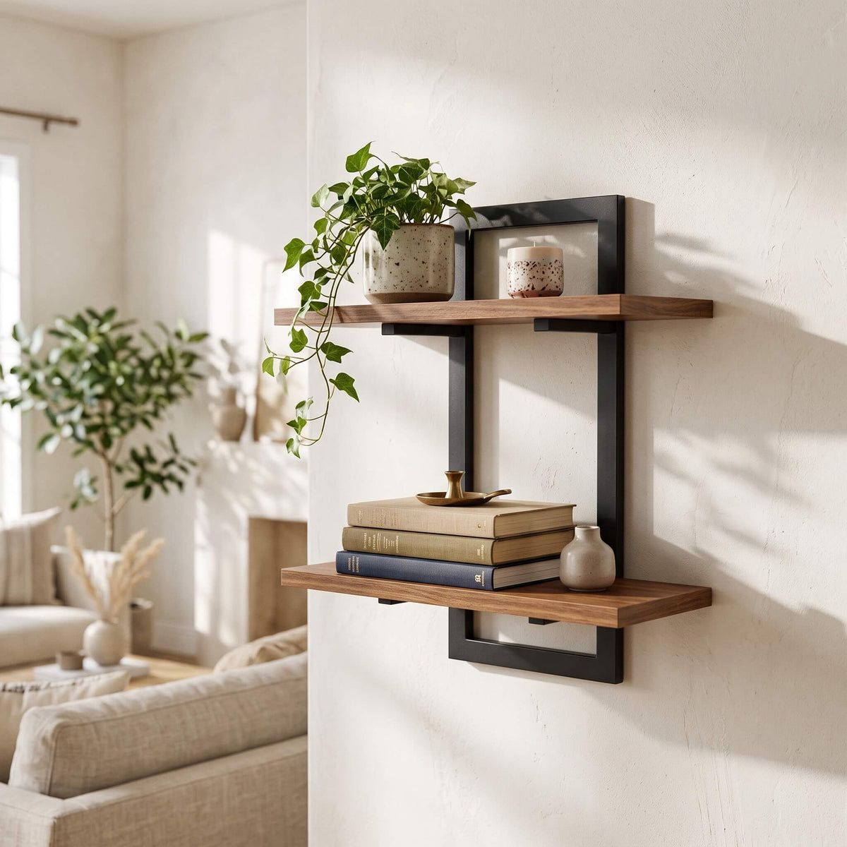 Two shelves on a single matte black metal frame mounted on a wall