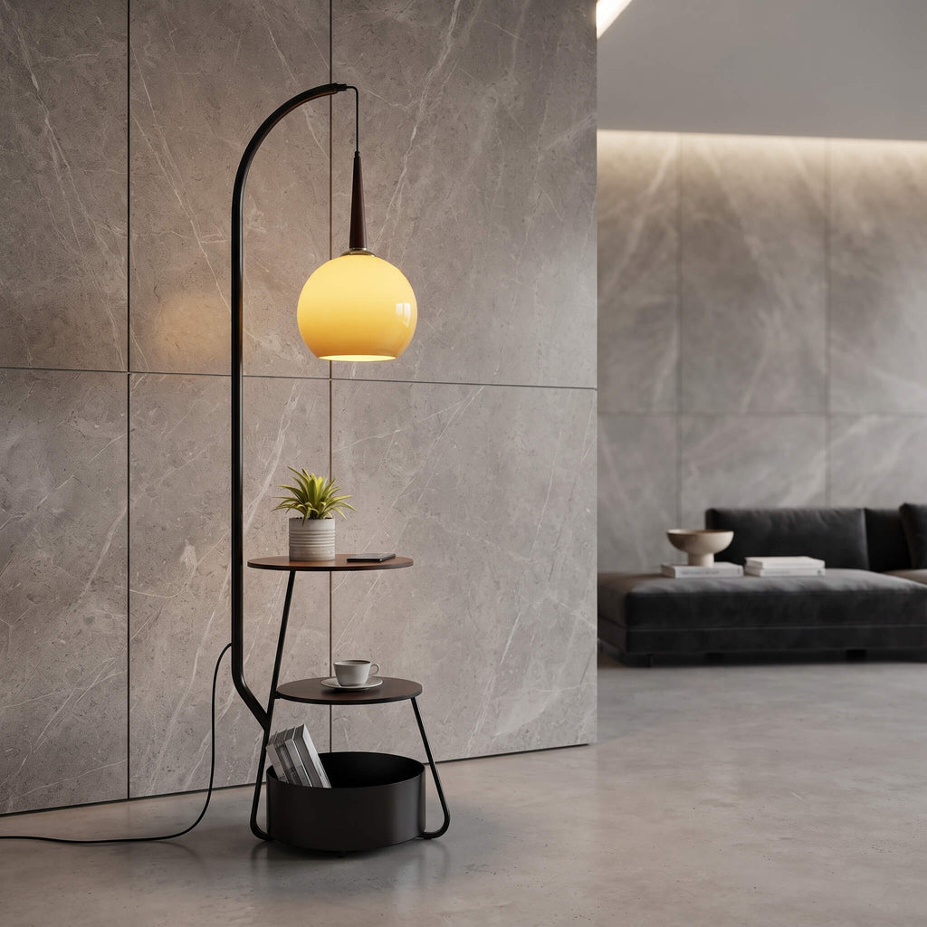 French Mid Century Arc Floor Lamp with Side Table