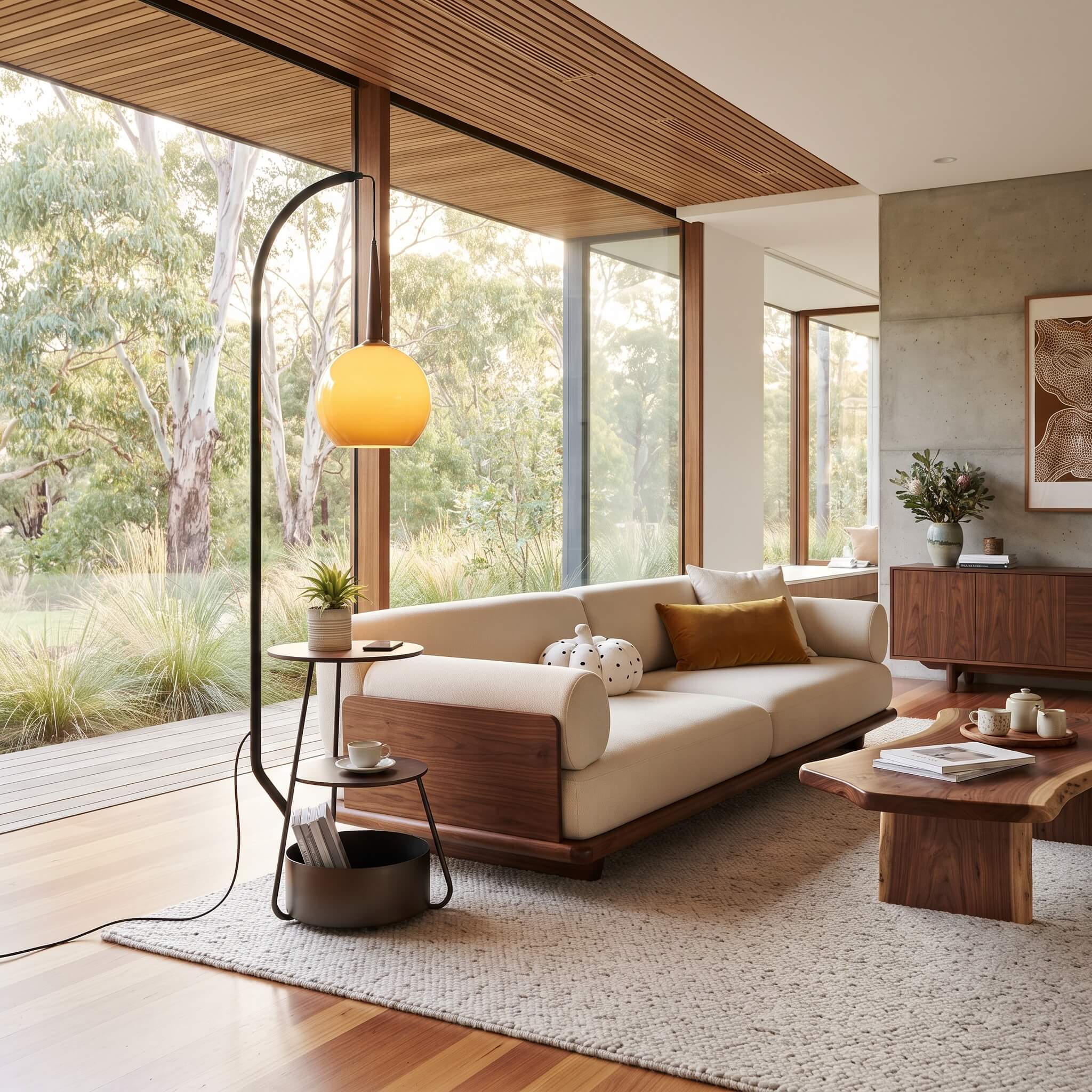 French Mid Century Arc Floor Lamp with Side Table