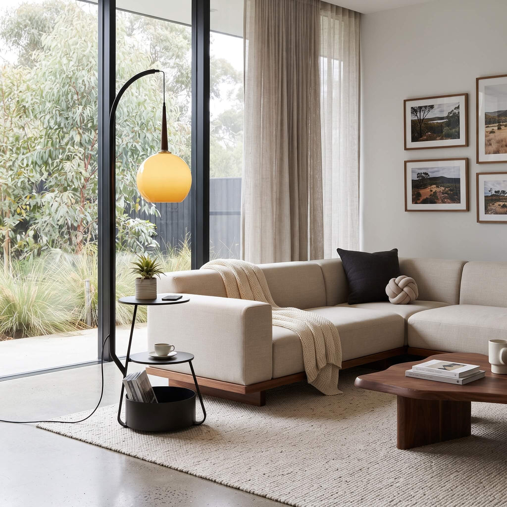 French Mid Century Arc Floor Lamp with Side Table