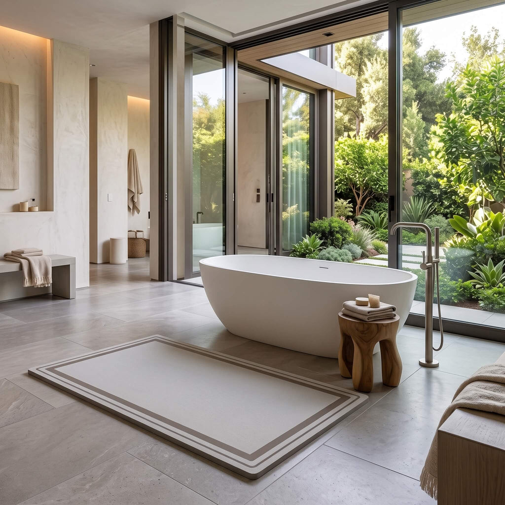 Soft diatomite bath mat beside a freestanding bath with a garden view