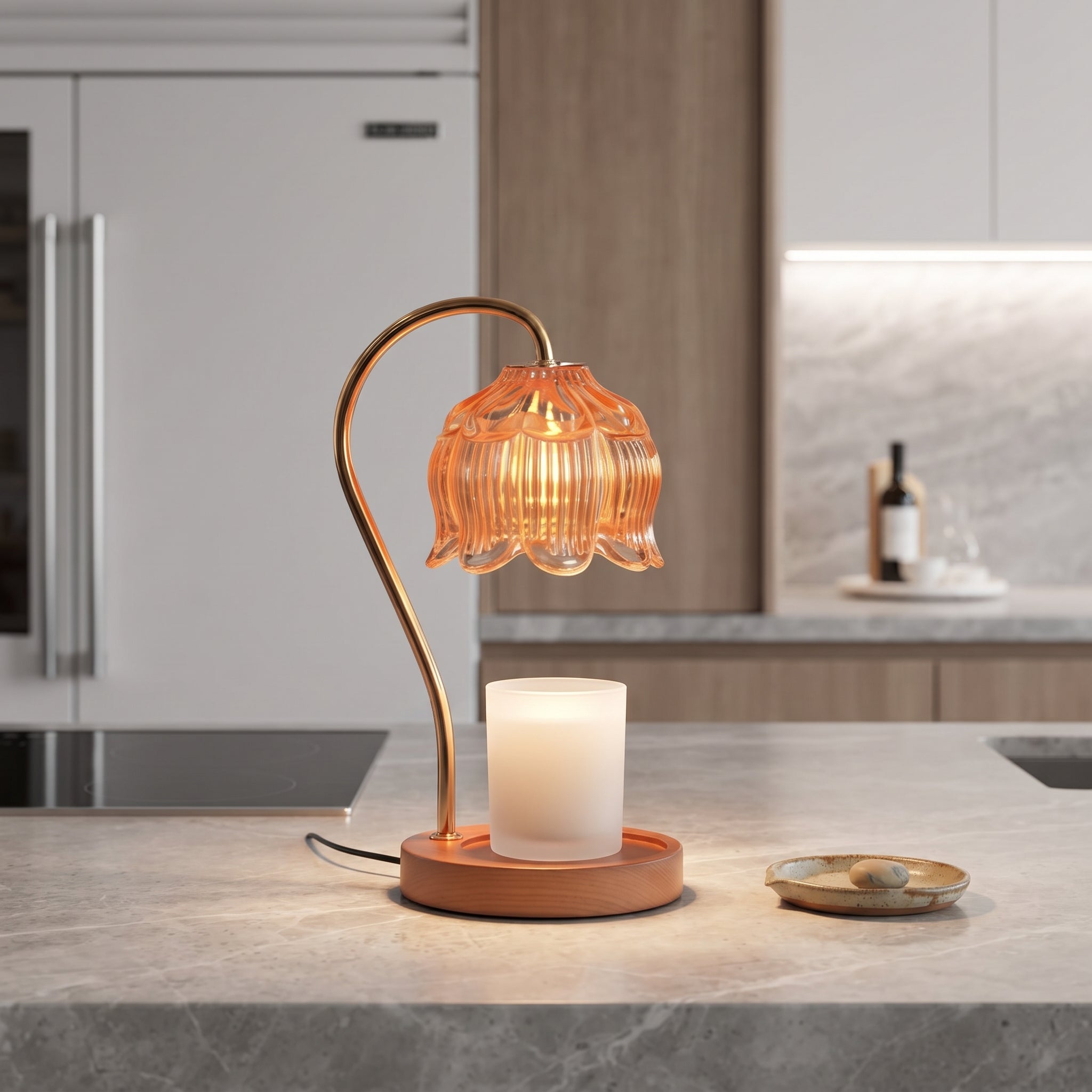 Amber glass candle warmer lamp with fluted glass shade