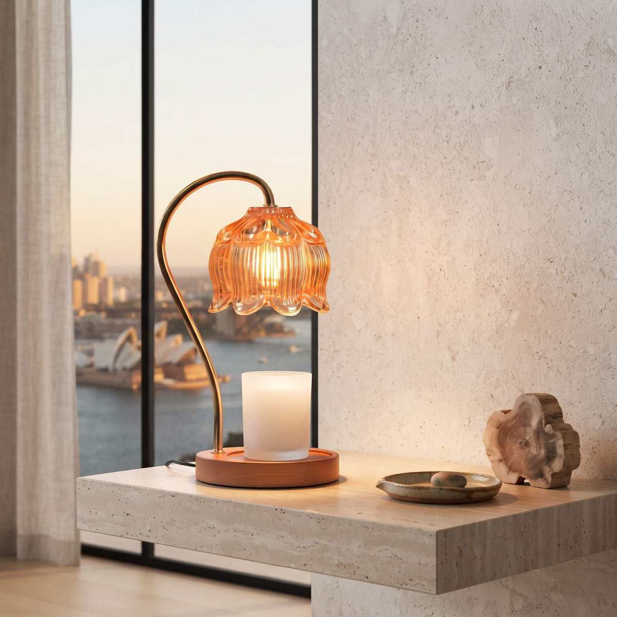 Amber glass candle warmer lamp in a living room setting