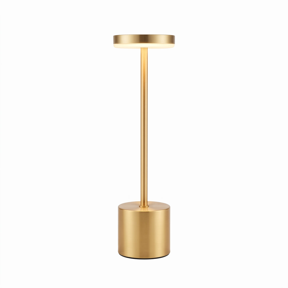 A modern minimalist floor lamp with a brushed gold finish, featuring a cylindrical base, a slim central stem, and a circular light-emitting top, shown against a plain white background.