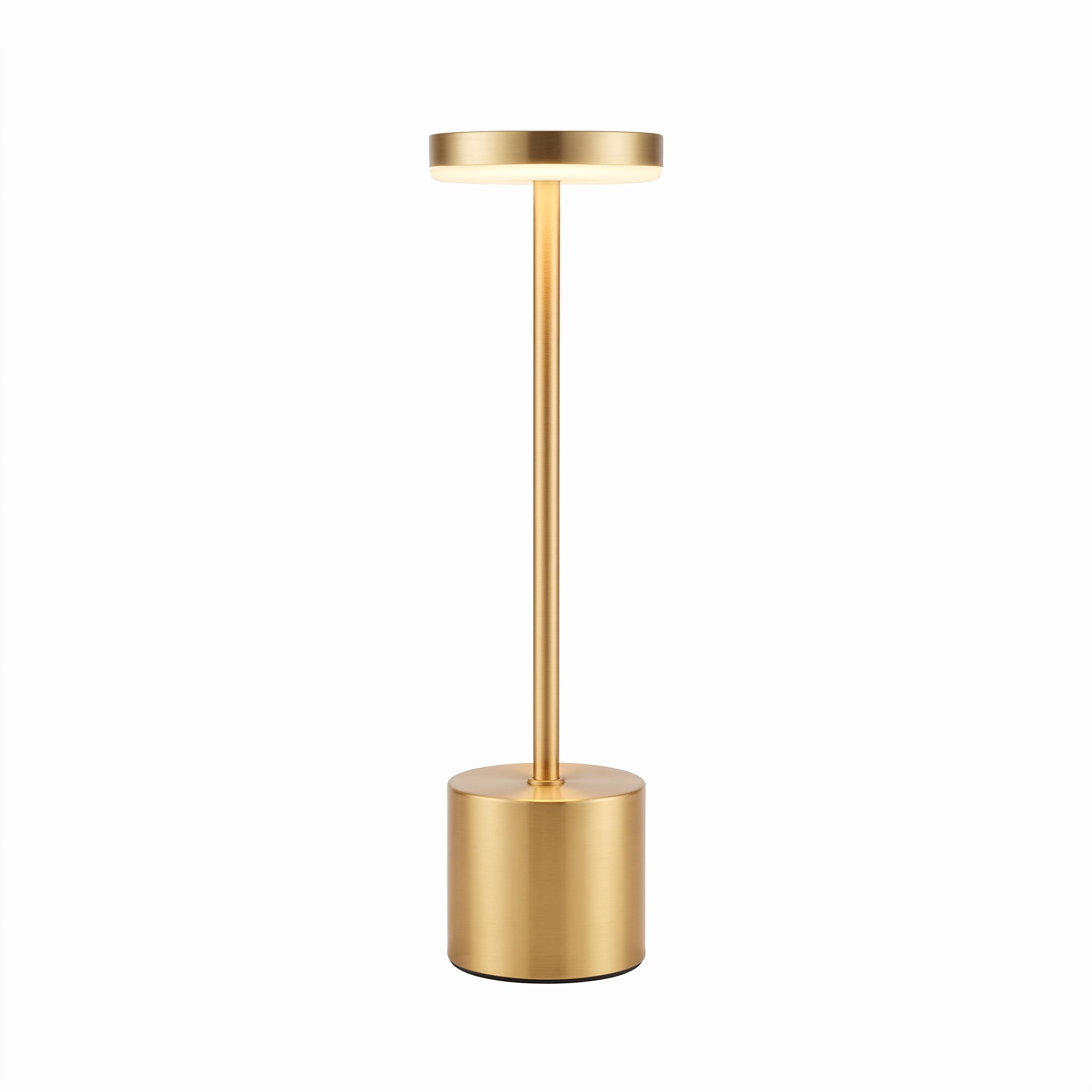 A modern minimalist floor lamp with a brushed gold finish, featuring a cylindrical base, a slim central stem, and a circular light-emitting top, shown against a plain white background.