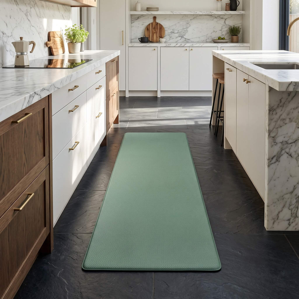 Mint green cushioned kitchen mat in front of a bench