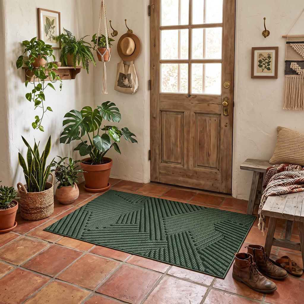 Green ribbed door mat on terracotta tile at a timber front door