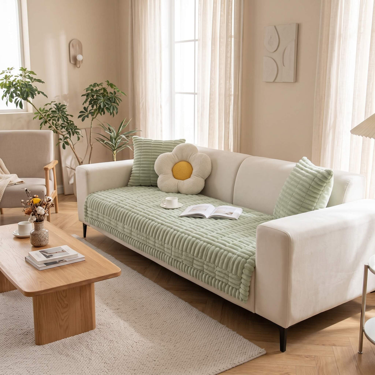 Sage green plush pleated sofa cover on a cream three seater