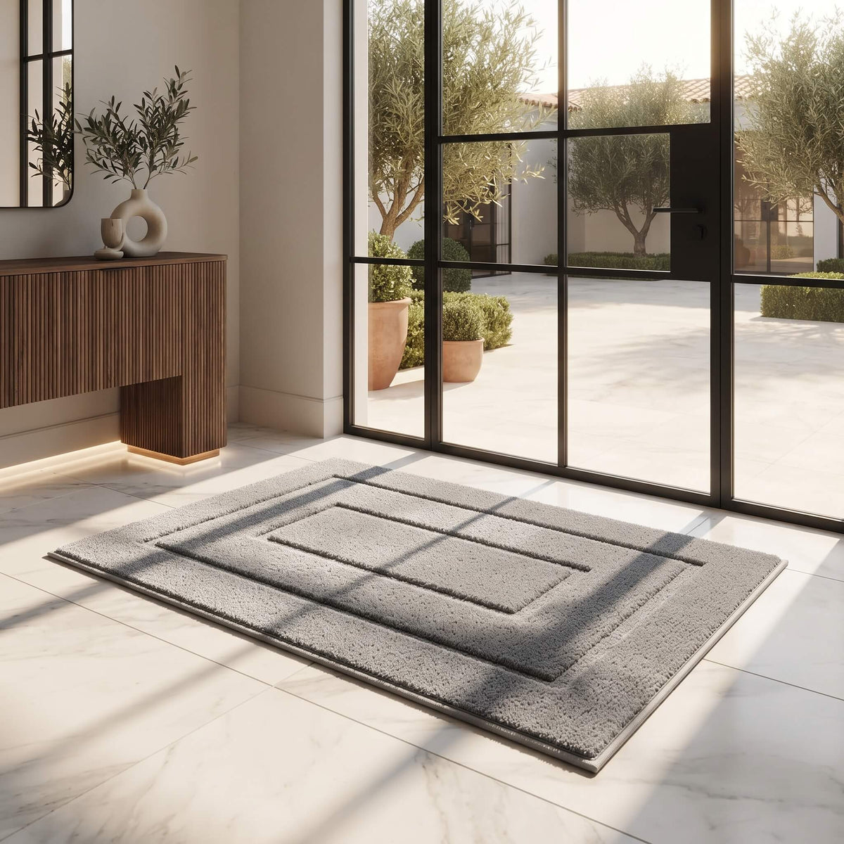 Grey bordered dirt trapper door mat in an entryway