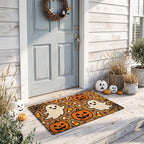 Pumpkins and Ghosts Halloween doormat at a pale blue front door
