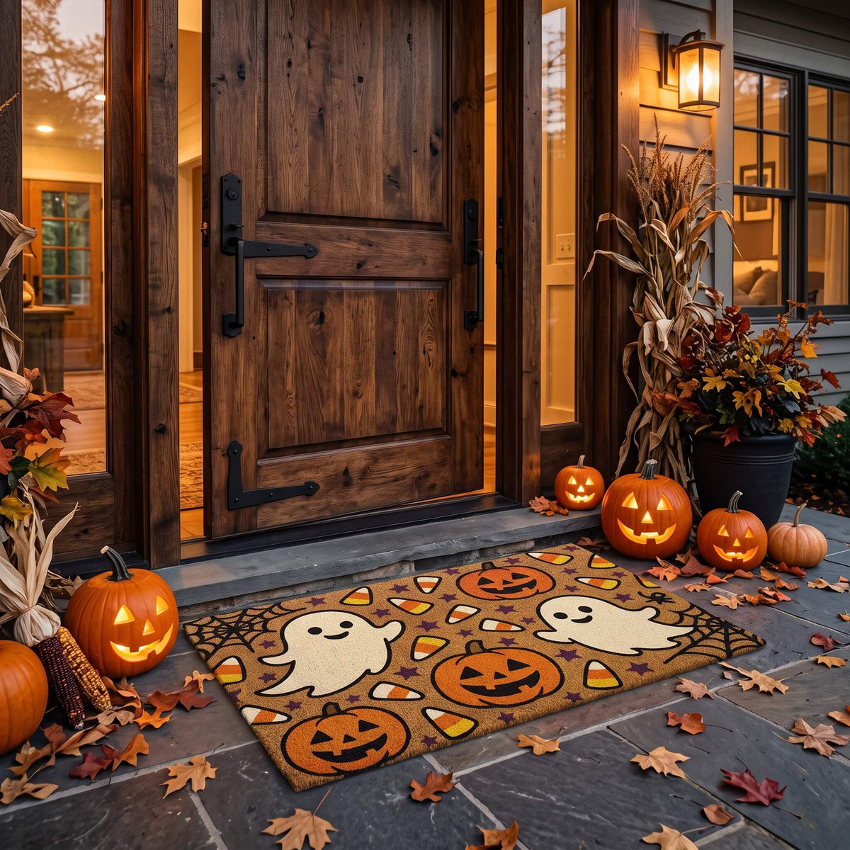 Pumpkins and Ghosts doormat at a rustic timber door with lit jack-o-lanterns