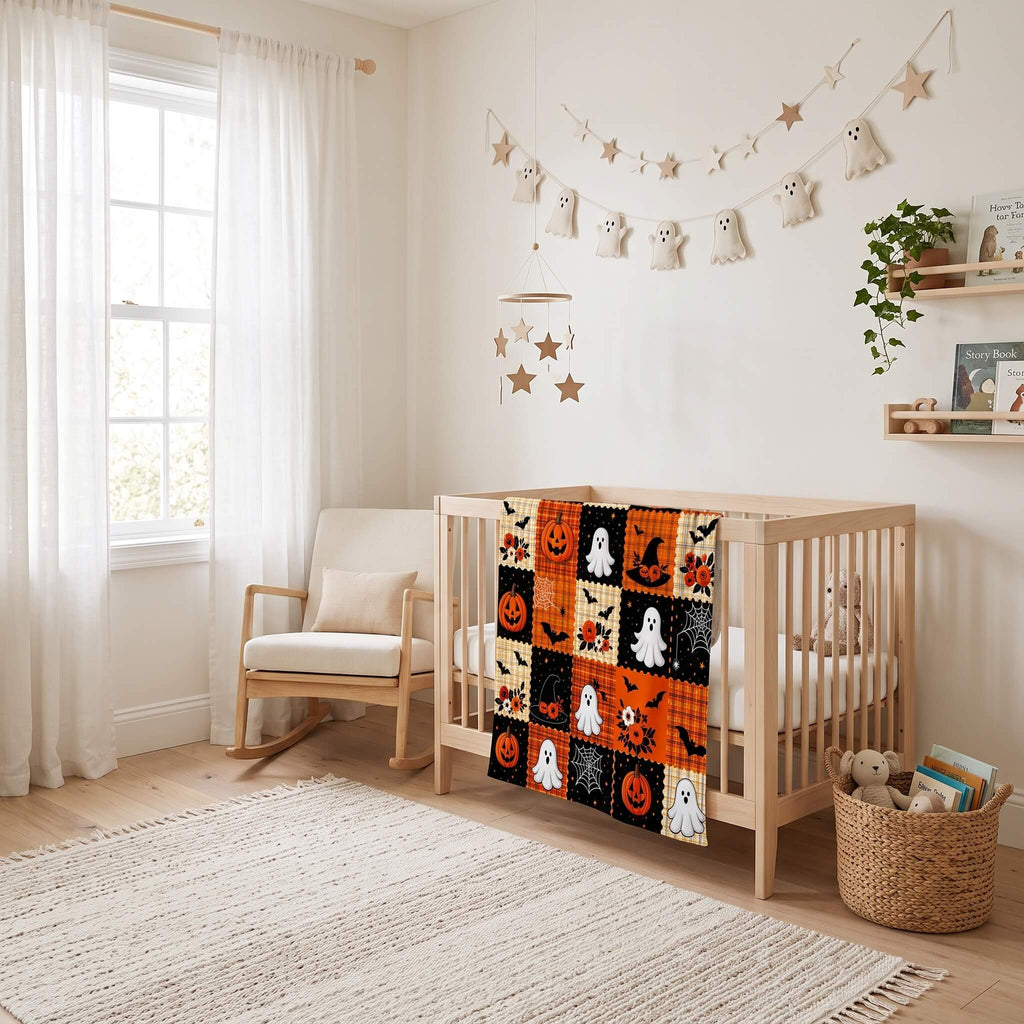 Halloween patchwork blanket over a cot in a nursery